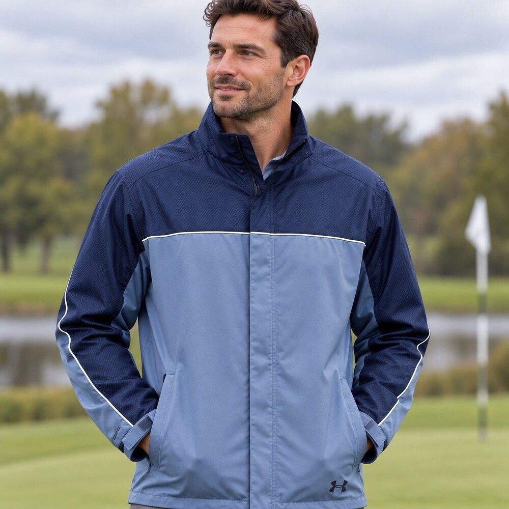 Under Armour Golf Stormproof Men’s XL Blue Gray Full Zip Rain Jacket Windbreaker